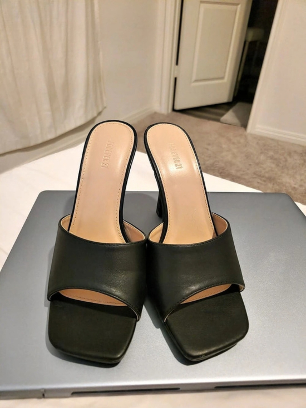 Forever 21 Black Square Toe Stiletto Heel Mules Sandals